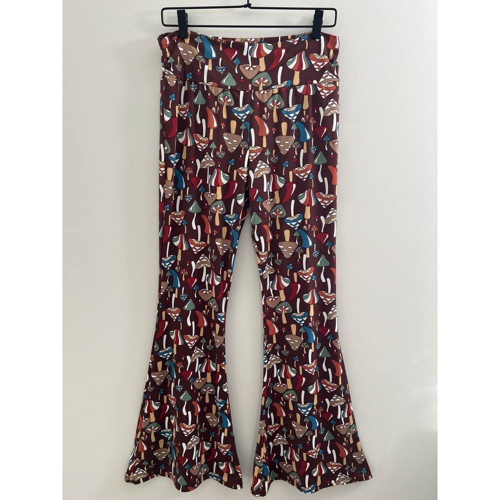 Earthbound Mushroom Flare Pants L Brown Bell Bottoms Whimsigoth 70s Boho Hippie - Picture 2 of 7
